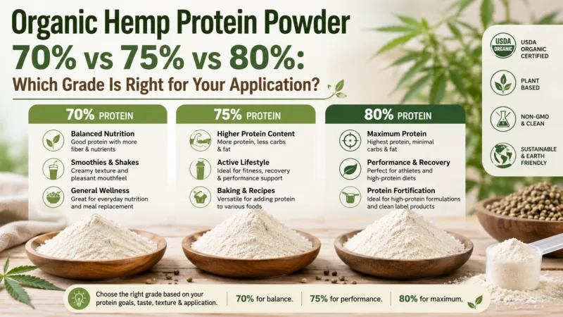 Proteína De Cáñamo Orgánica En Polvo 70 % Vs 75 % Vs 80 %: ¿Qué Grado Es El Adecuado Para Su Aplicación? Organic Hemp Protein Powder 70% Vs 75% Vs 80% Which Grade Is Right For Your Application